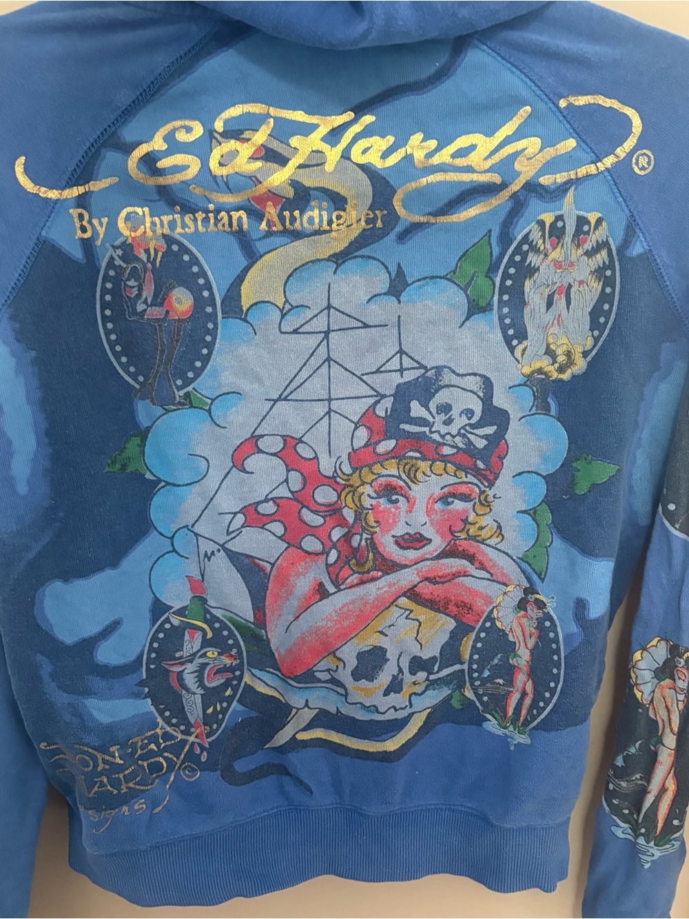 Ed Hardy Blue Pirate Pinup Graphic Hoodie with Gold Logo
